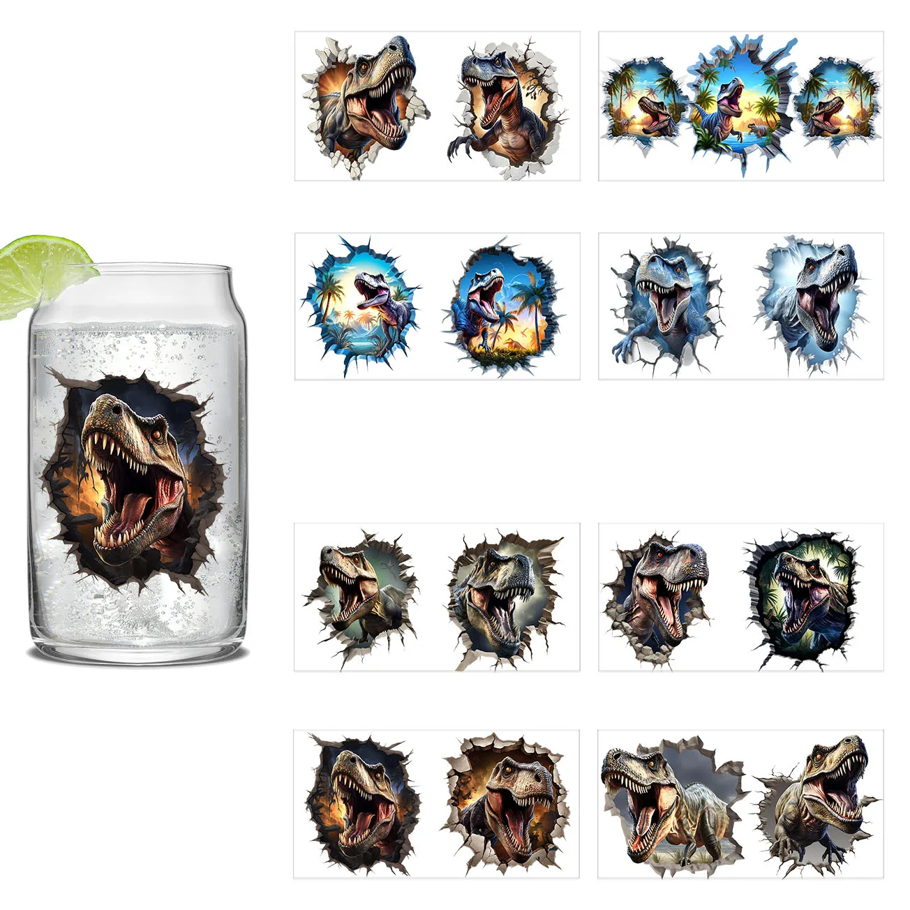 3d stickers cup wraps dinosaur series easy peel waterproof 3D transfers uvdtf crystal stickers for 16oz glasses