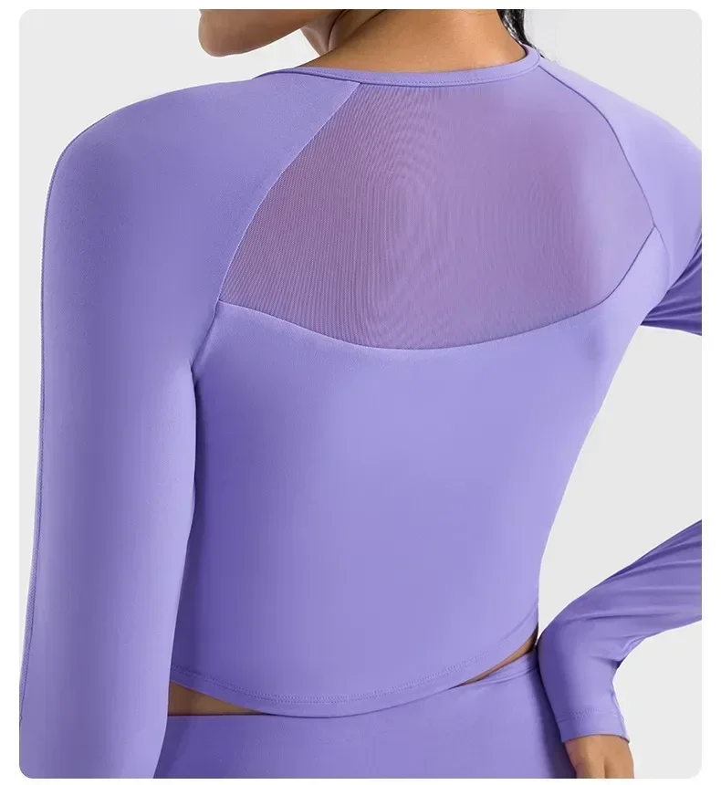 Lemon Womens Sports Fitness Trainning Yoga T-Shirts Mesh Patchwork Long Sleeved Tops Outdoor Solid Slim Fit Super Elastic Shirts