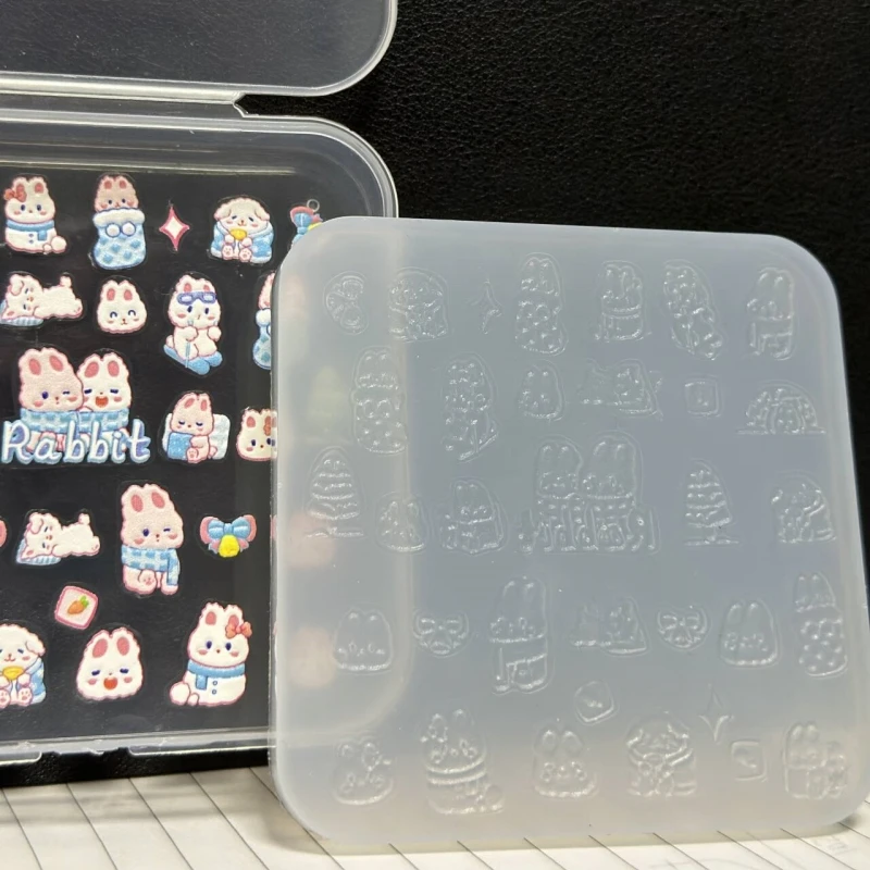 1Pc 3D Silicone Nail Carving Mold With Free Scraper , Kawaii Snow Man Gothic Text Cartoon Rabbit INS Pattern DIY Nail Art 2
