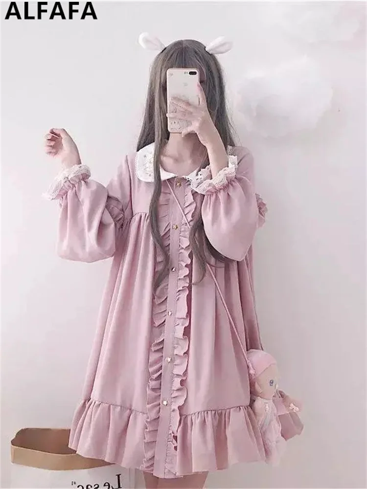 Kawaii vestido feminino lolita bonito estilo universitário miow garra  impressão princesa vestido japonês op rosa arco anime roupas menina festa  presente - AliExpress