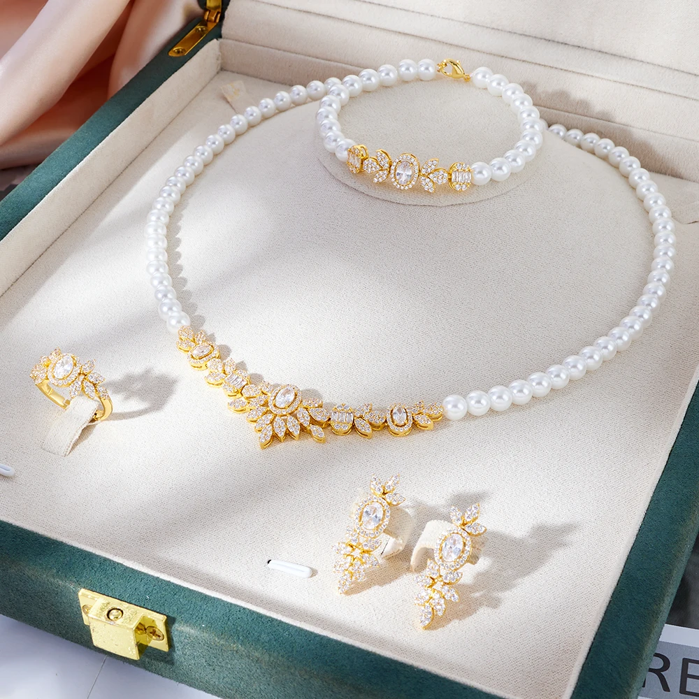 

017817 Elegant Pearl Necklace Set for Women Cubic Zirconia Jewelry Set Wedding Bridal Neck Accessories Jewelry New