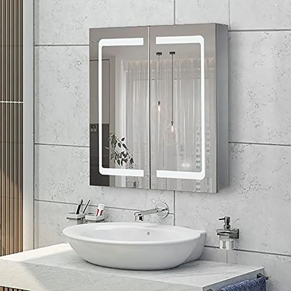 

Illuminated LED Mirror Cabinet Stainless Steel Bathroom Wall Mounted Medicine Cabinet Adjustable Shelf Glass Shelves Anti-Fog