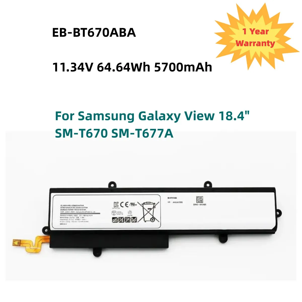 

EB-BT670ABA AA1G907KS Laptop Battery For Samsung Galaxy View 18.4" SM-T670 SM-T677A Series AA2J929BS 11.34V 5700mAh/64.64Wh