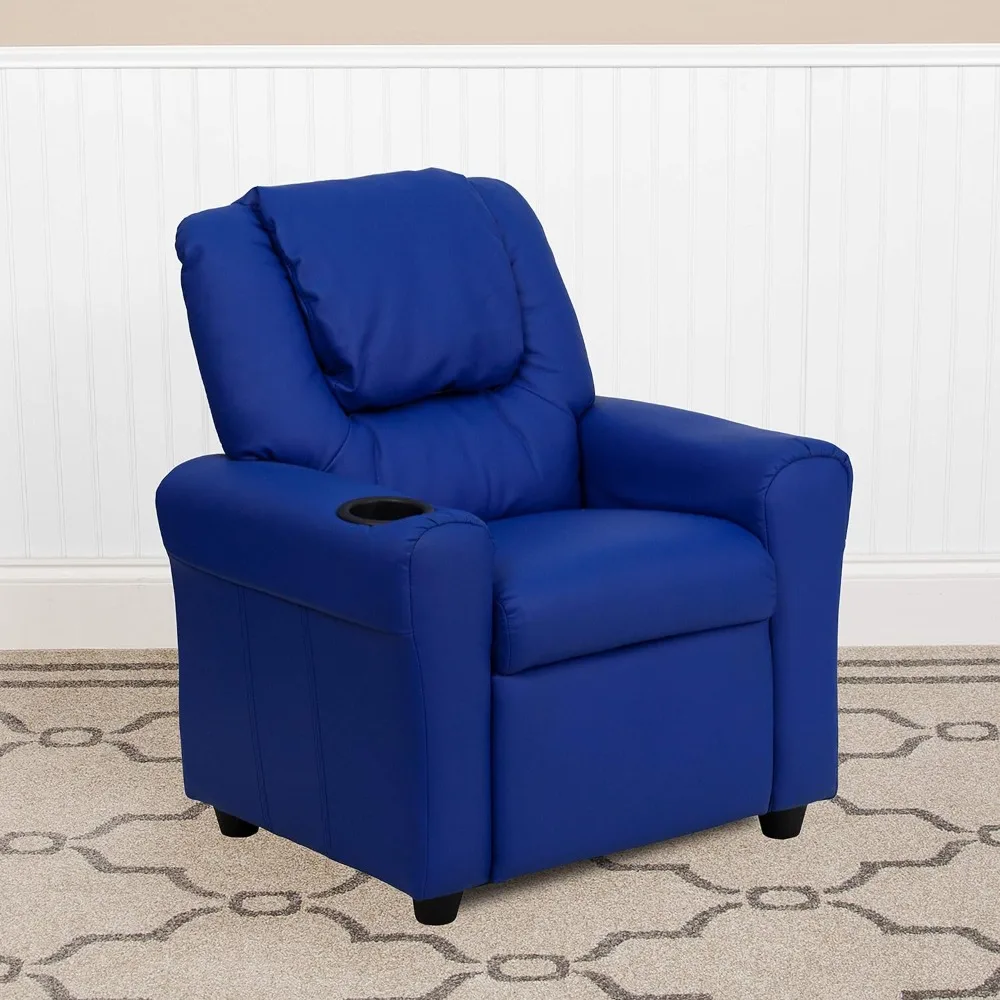Vana Vinyl Kids Recliner with Cup Holder, Headrest, and Safety Recline, Contemporary Reclining Chair for Kids
