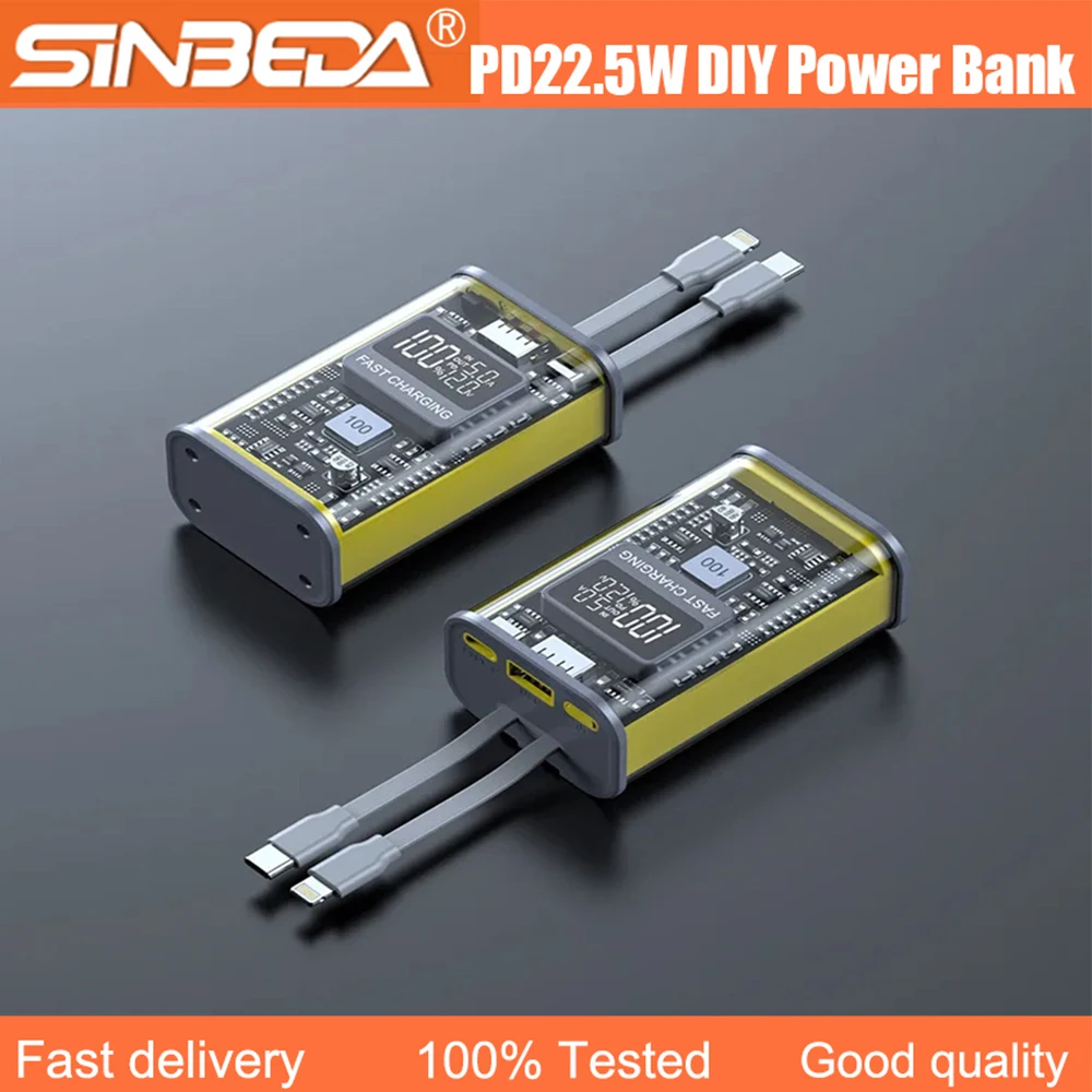 

Mobile Phone Power 22.5W 20000 Polymer Battery Charger Case DIY Power Bank Box Dual-Direction Fast Charging Case With 2 Cables