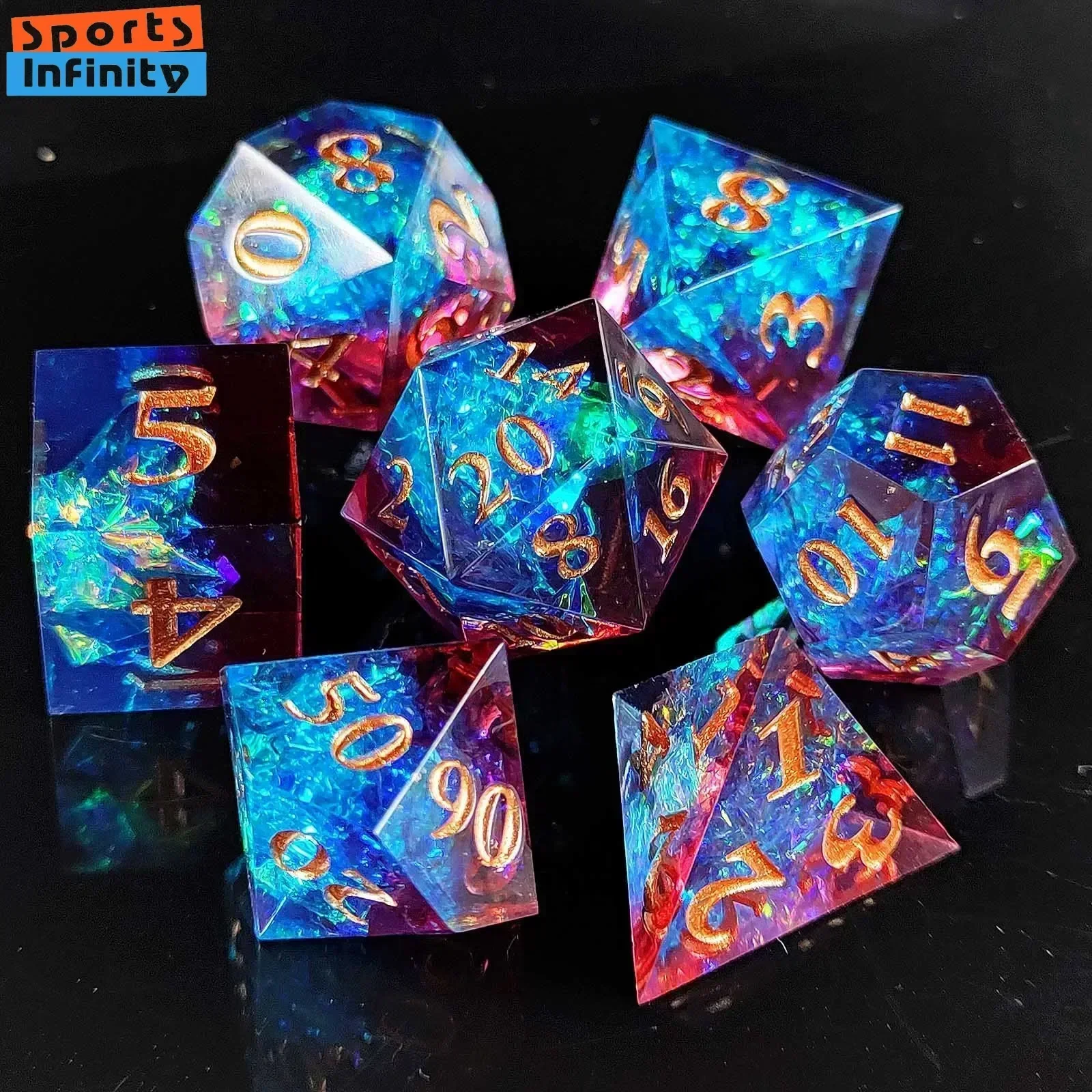 7Pcs Set Beautiful Black Gold Resin Dice for DND TPG TRPG Board Game COC Running Team Cthulhu Polyhedral Dice Number Kit