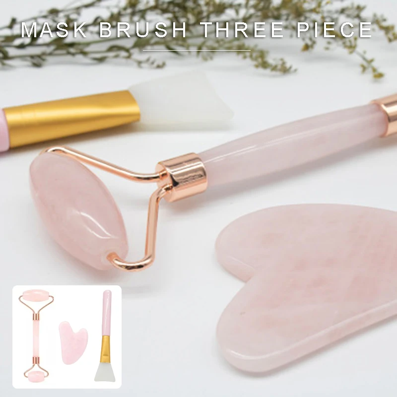 Rouleau de massage Facial en Quartz Rose, brosse pour masque Gua Sha, 3 pièces/ensemble