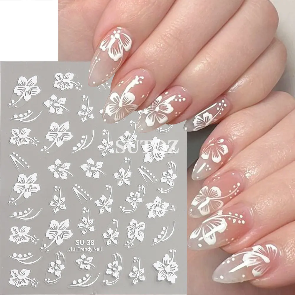 3D Blue Hibiscus Nail Art Stickers Yellow Hawaiian Flowers Decals Golden Floral Sliders Nail Charms Manicure Decors LEBSU-38 nail stickers,nail art decoration