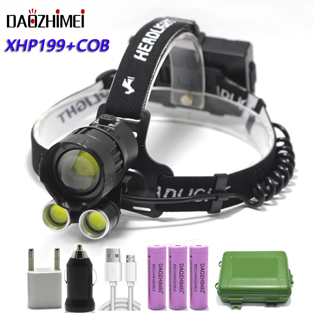 Мощный светодиодный налобный фонарь XHP199, 16 ядер, 18650 дюйма, Головной фонарь с USB-зарядкой, налсветильник фонарь, уличный водонепроницаемый налобный фонарь с зумом
