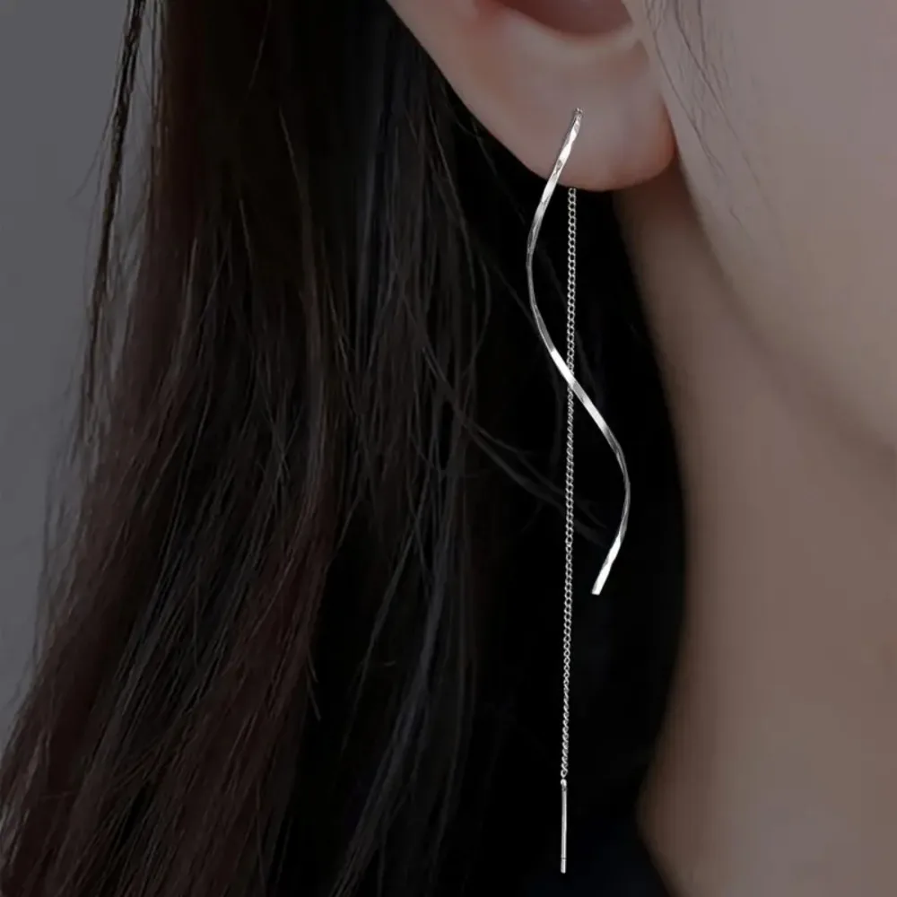 Wavy Long Drop Dangle Ear Line Earrings for Women Classic Spiral Stainless Steel Korea Earring Jewelry Gift