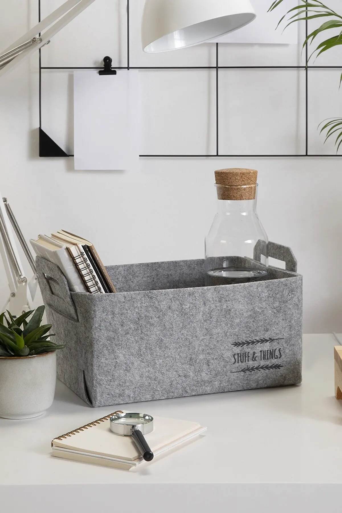 Gray Melange Felt Basket // 30x20x15 Printed Has a Handle office Kitchen Living Room Stylish Look High Quality Affordable Price |