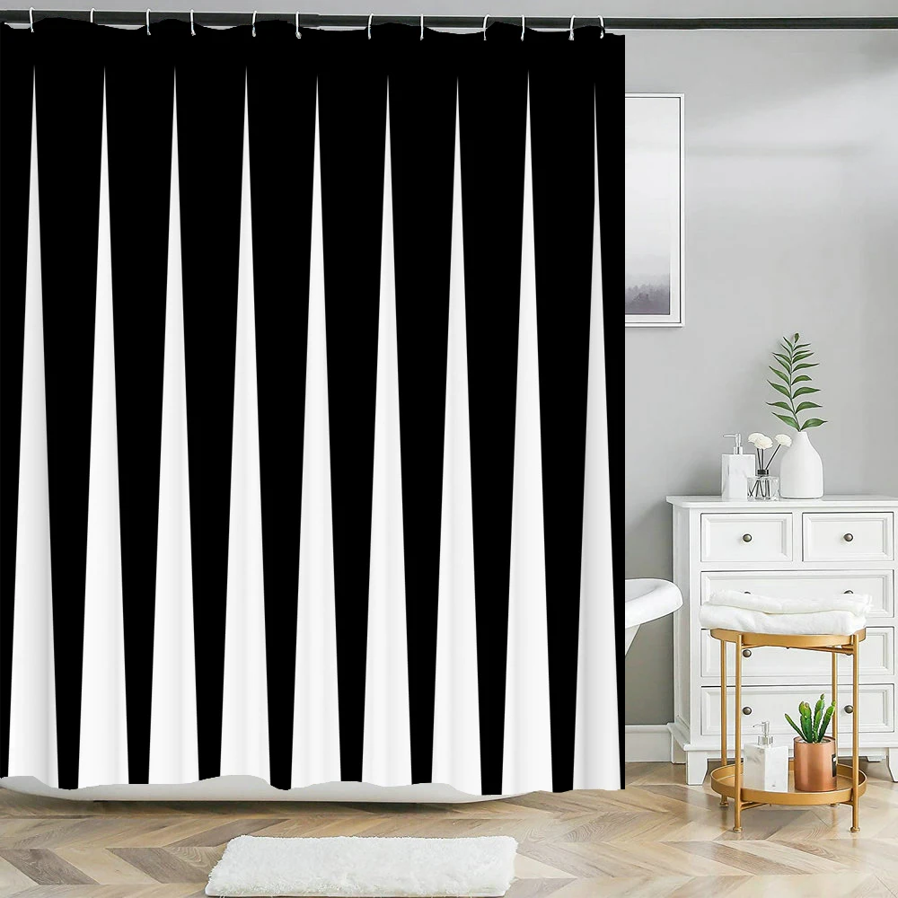 BlackWhiteStripesPatternTextureShowerCurtainsGeometryBathroomWaterproofPolyesterBath