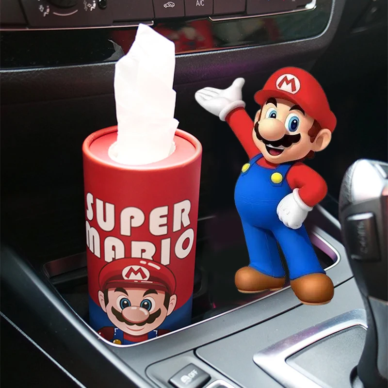 Super Mario Bros Car Tissue Box Anime Auto Round Paper Tube Cartoon Creative Home Decoration Desktop Paper Box Forniture Per Wc
