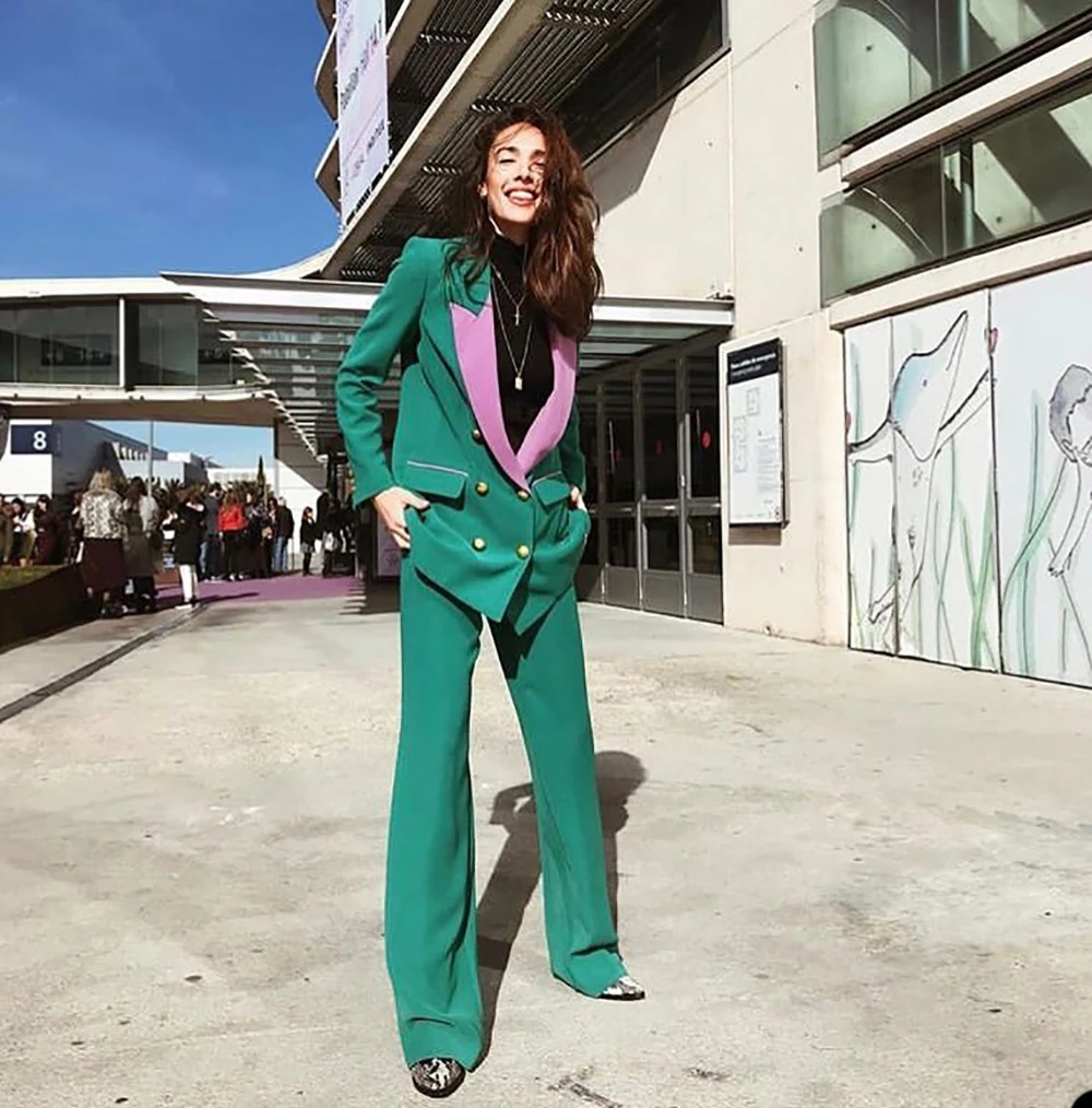 

2 Piece Green Women Blazer Pant Office Pink Peaked Lapel Simple Suit Double Breasted Formal Women's Evening Prom Dress Custom