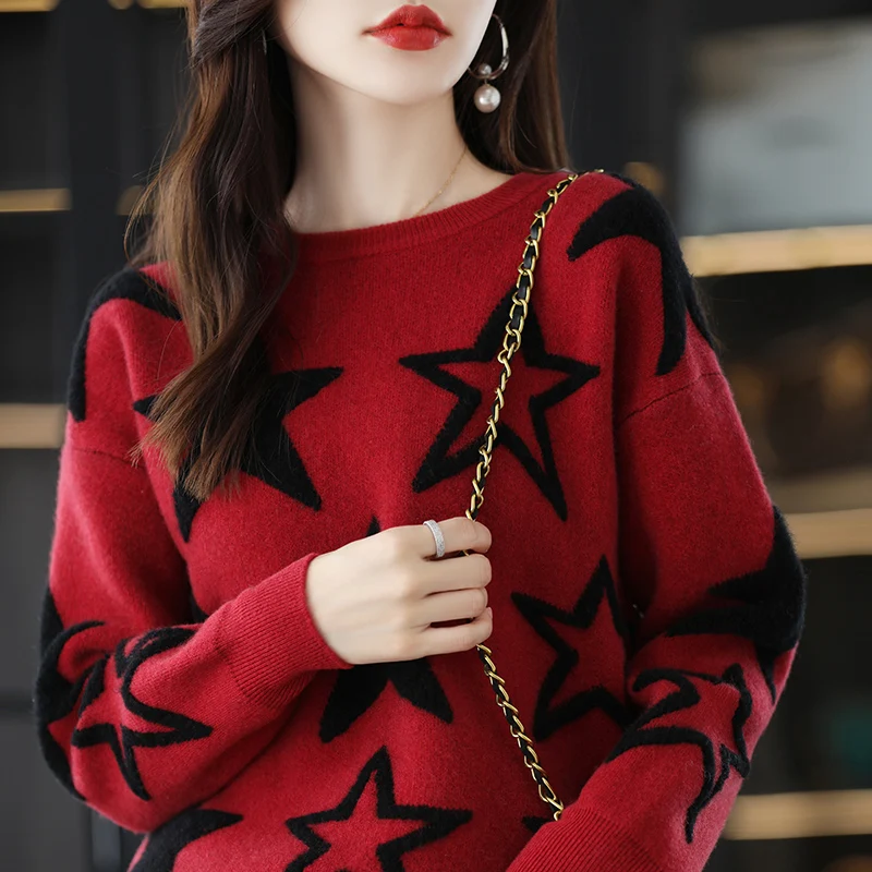 

Cashmere sweater women's O-neck pullover autumn and winter new casual sweater fashion 100% wool loose embroidery knitted jacket