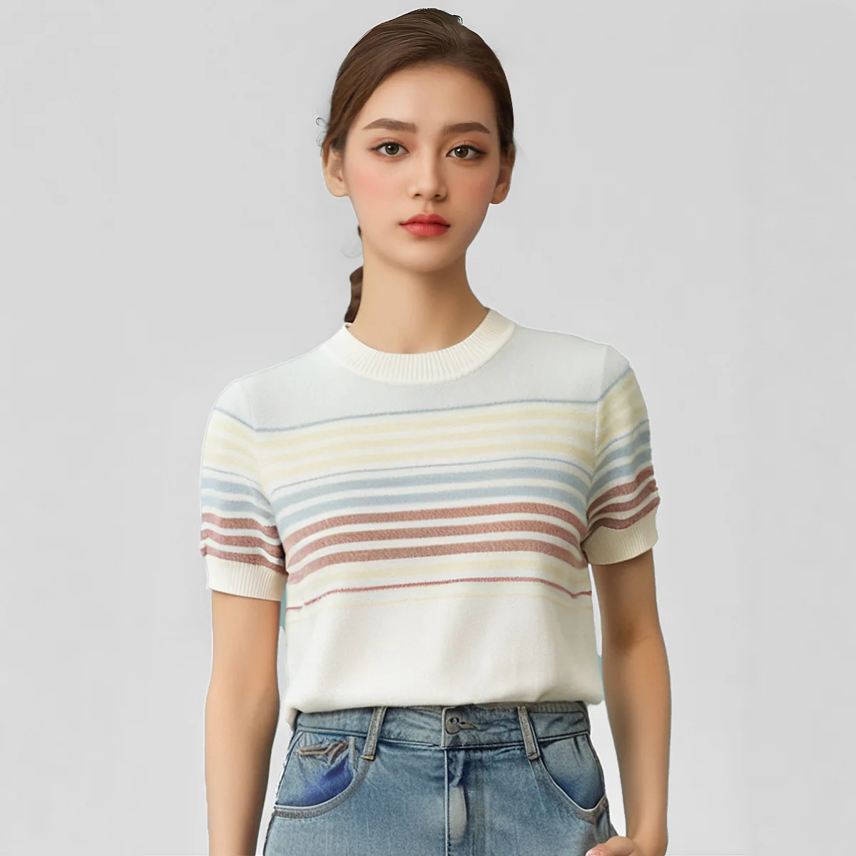2025 Women's Striped Sweater Short Sleeves Thin Style Fit Round Neck Color Block Knitted Top