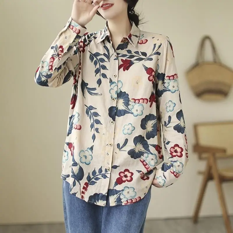 Spring and Autumn Women's Cardigan Square Neck Long Sleeve Button Flower Plant&Flowers Loose Vintage Fashion Casual Shirt Tops