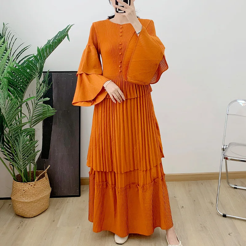 

Miyake Pleated Green Long Puff Sleeve Dress for Women Skirt Sets Robe Party Fiesta Prom orange Pleated Two Piece Set Dress