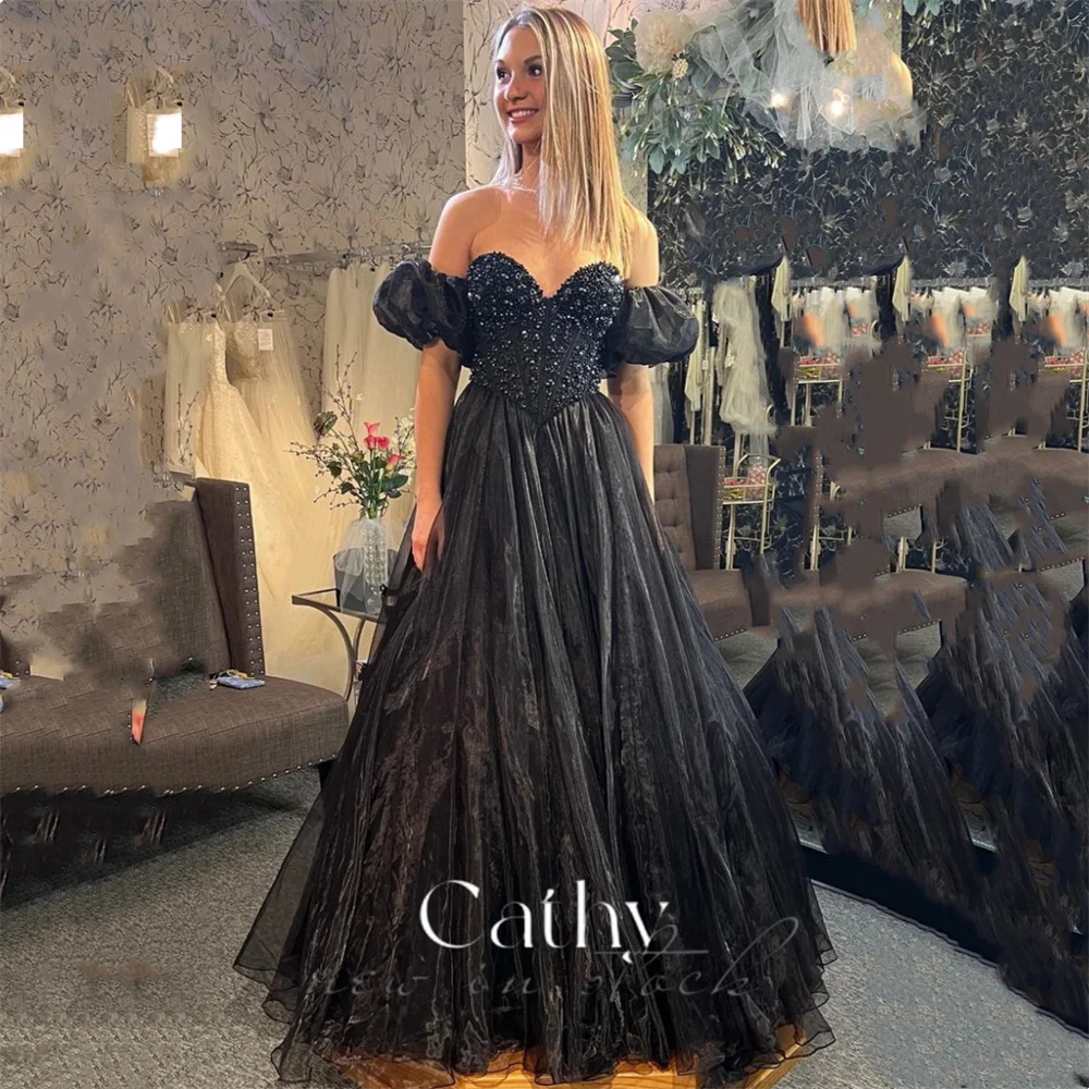 

Cathy Heart Shaped Neck A-line Tulle Prom Dress 2024 Elegant Puffy Sleeves vestido de gala 2024 Edge Curl Lace Up فساتين السهرة