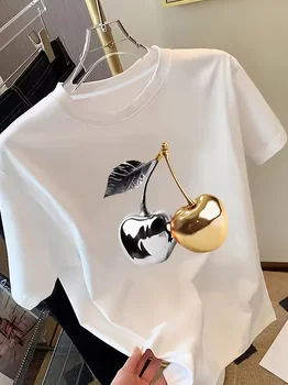 Golden Cherry Printed Women'S Short Sleeved T-Shirt Fashionable Casual, Comfortable Soft Fabric, Spring/Summer Women'S T-Shirt 1
