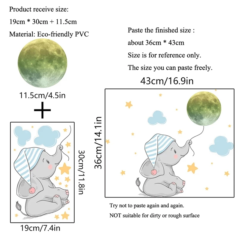 Baby Elephant Moon Luminous Wall Sticker For Baby Kids Room Bedroom Home Decoration Decals Glow In The Dark Combination Stickers