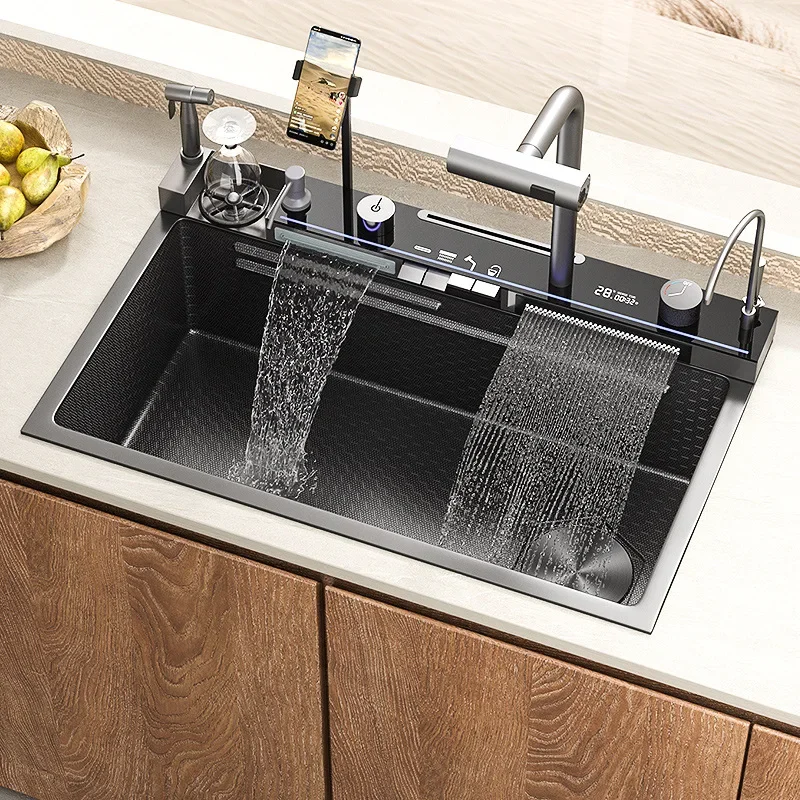 Kitchen Sink 304 Stainless Steel Waterfall Large Single Slot Digital Display Embossed Washing Basin Household Dishwashing
