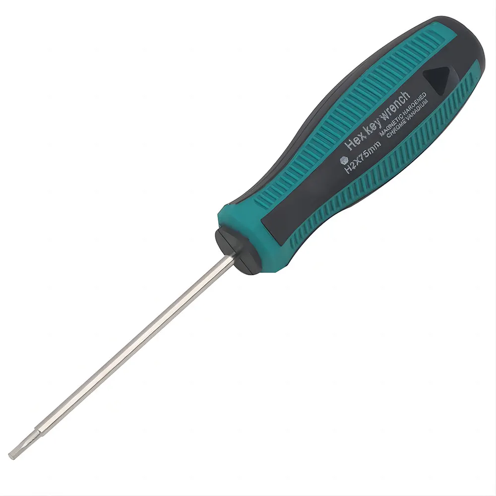 Tournevis hexagonal métrique 2mm et 2.5mm avec poignée striée, posé sur un établi.