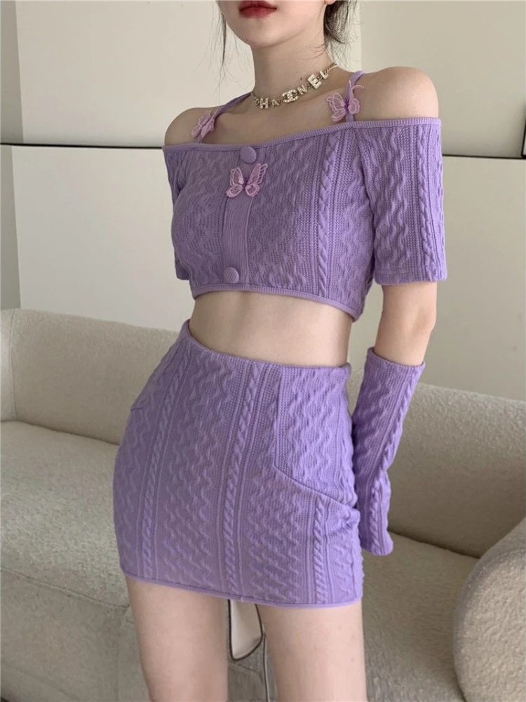 Purple Y2k Skirt Suits Women New Butterfly Halterneck Cropped Tops Sleeve + Skirt Two Piece Sets Woman Summer New