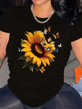 Women Black Sunflower Butterfly Print T-Shirt Semi Formal Top Vibrant Yellow Sunflower Brown Butterfly Design Aesthetic Clothes 1