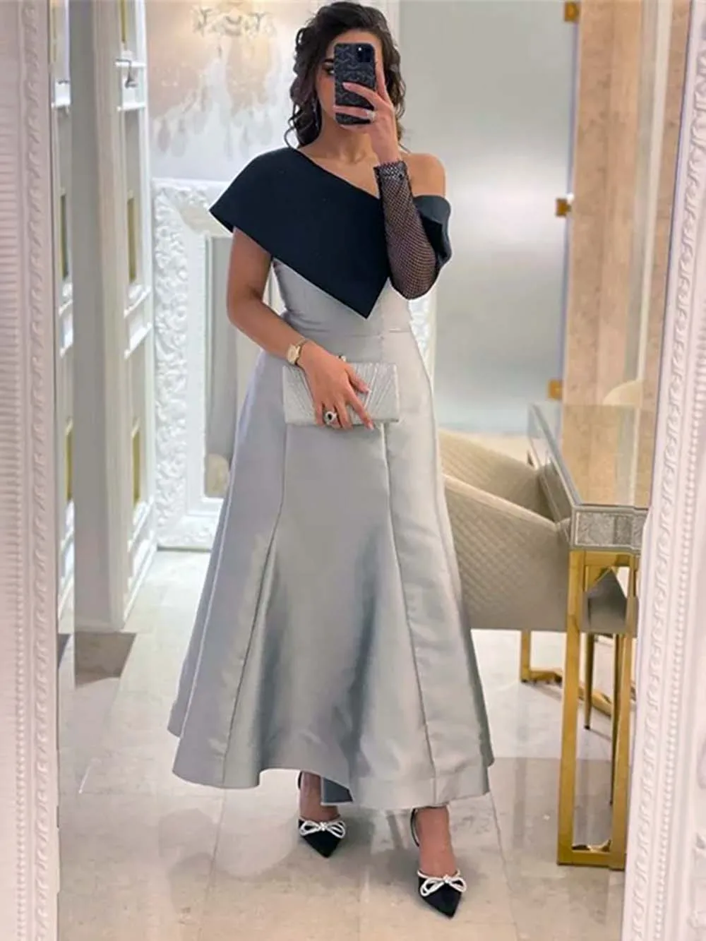 

Saudi Arabric Women Formal 2023 Silver Satin Black Neck Mermaid Ankle Length Prom Evening Dresses Custom Made High Quality