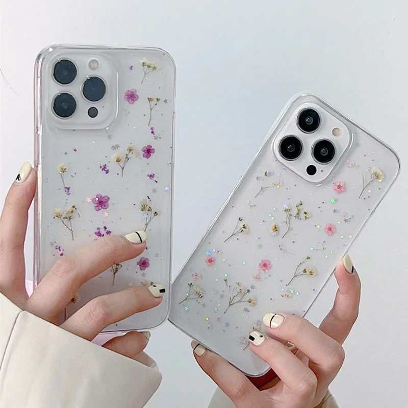 Luxury Clear Glitter Bling Real Dried Flower Phone Case For iPhone