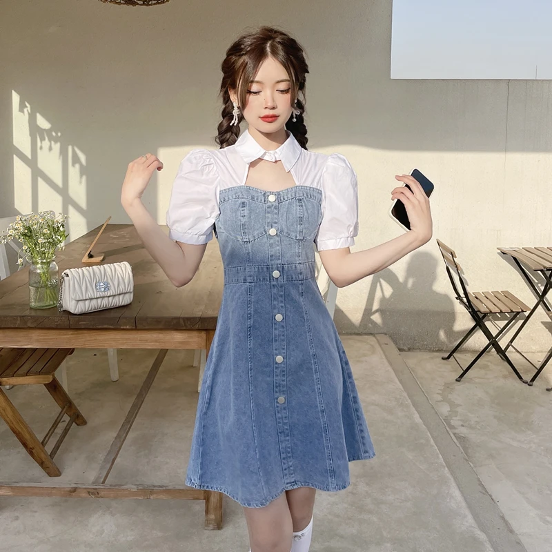 Notched Collar Patchwork Women Denim Dress 2022 New Puff