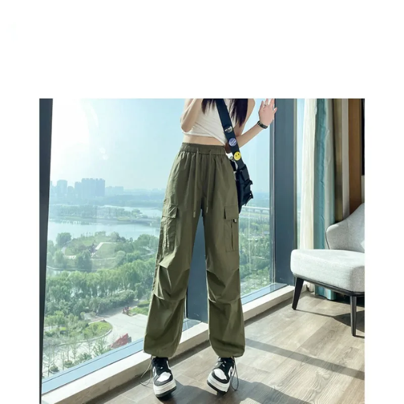 Women's Spring Autumn Elastic High Waisted Solid Drawstring Pockets Pleated Casual Harlan Lantern Wide Leg Trousers Pants
