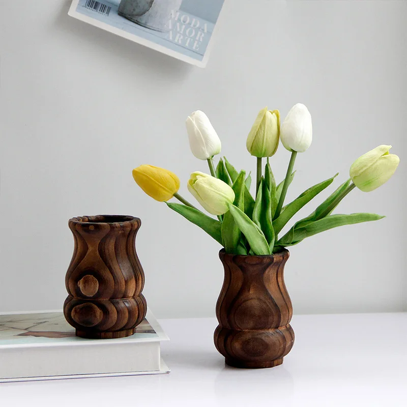 Vintage Wooden Flower Vase Gourd Creative Handmade Home Decoration Simple Modern Vase Flower