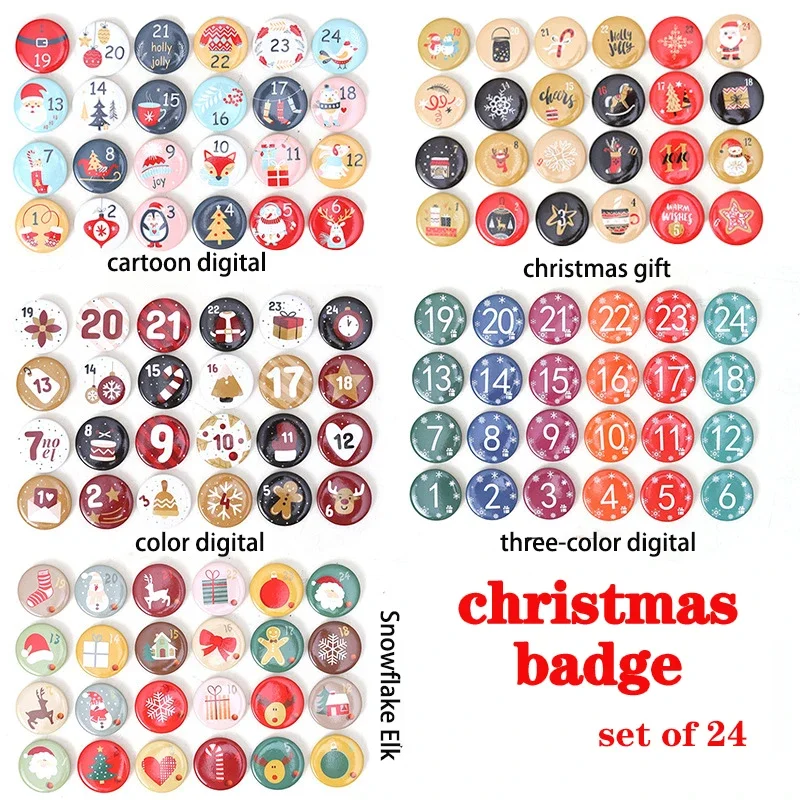 

24Pcs Cartoon Christmas Badge Button Pins Advent Calendar Number Tag Set Gift Bag Accessories Number Badge Brooch DIY Decoration