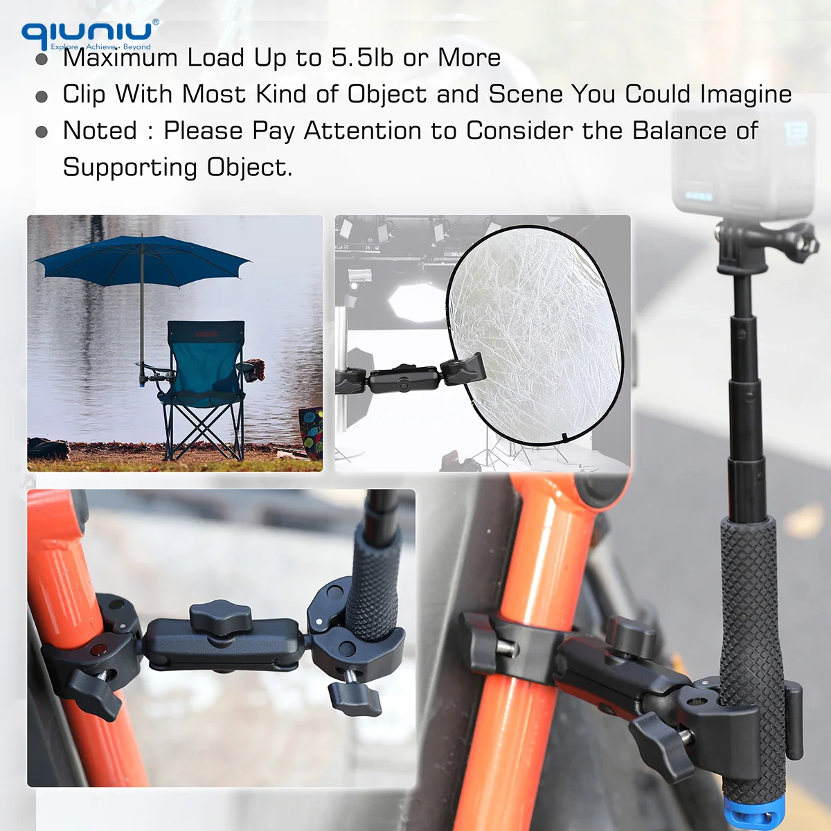 Super Morsetto Doppia Fotocamera Morsetto Granchio Pinza Clip Staffa di Montaggio Braccio Monitor Doppia Testa a Sfera per GoPro Insta360 DJI Action Camera - immagine 2