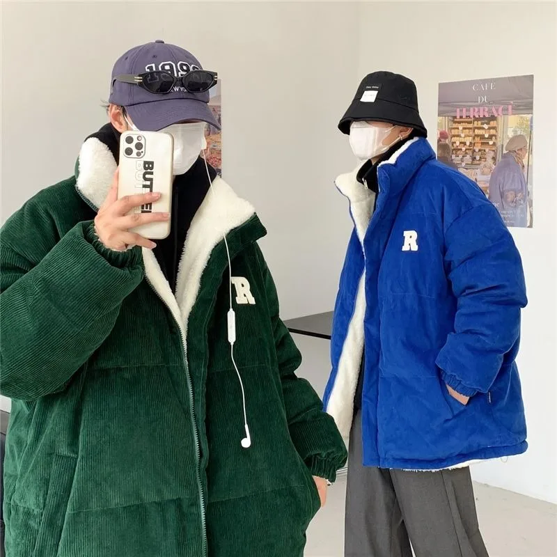 

Harajuku Solid Lamb Fleece Coat Men's Thickened Warm Jacket 2024 Autumn Winter New Loose Two Faced Standing Neck Warm Clothing