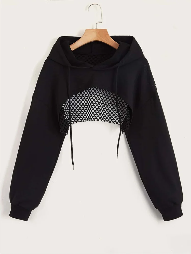Street Sport Drop Shoulder Kordelzug Hollow Out Super Crop Sport Hoodie ohne Cami Top