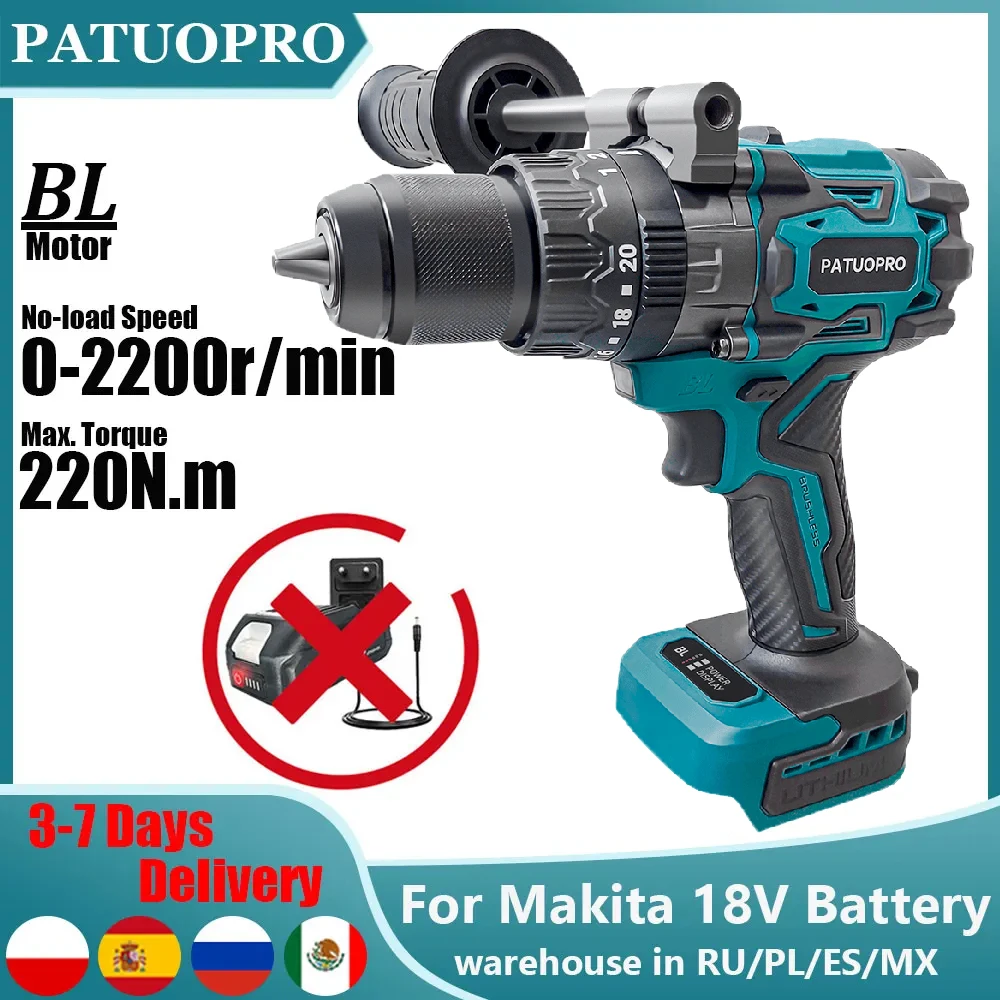 PATUOPRO Electric Impact Drill Hammer Drill, Brushless Cordless Handheld 13MM For Wood Metal Concrete Fit Makita 18V Battery No Battery