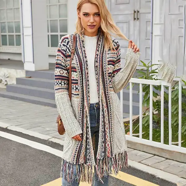 BOHO cárdigan de punto para mujer, chaqueta de manga larga con dobladillo de flecos, estilo hippie, jacquard, para invierno|Caquetas de punto| - AliExpress