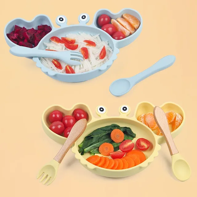 Assiette de crabe en silicone pour bébé, ventouse britannique avec paille, bol mignon, assiette, bavoir, cuillère, ensemble d'alimentation pour enfants, 9 pièces 2