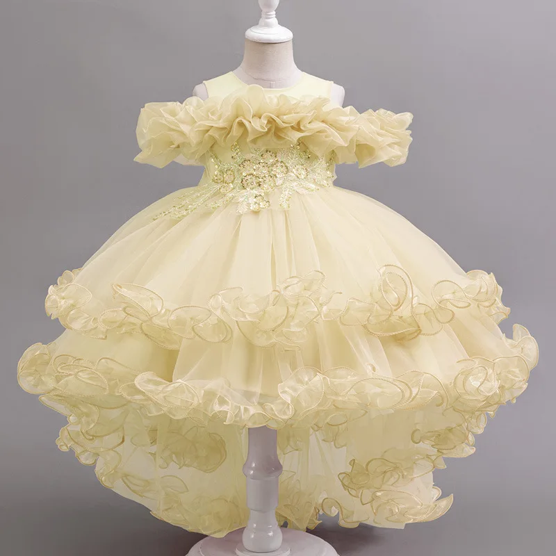 New Soft Gauze Decal Sleeveless Solid Color Trailing Fluffy Skirt for Girls Wedding Flower Girl New Year's Sweet and Cute Dress - Image 3