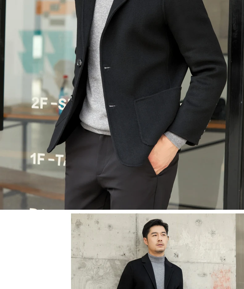 Neuer doppelseitiger Wollmantel aus 100 % reiner Wolle für Herren, schmale Passform, schlankmachende Anzugjacke, einfarbig, Revers, einfache Strickjacke – Detail 27