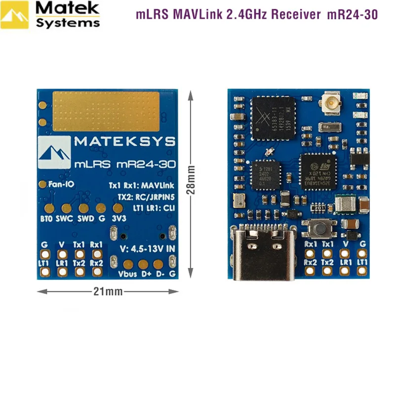 Détail des ports et boutons du kit module TX mLRS 2.4GHz 30dBm pour drone MR900-22/MR24-30/MR900-30