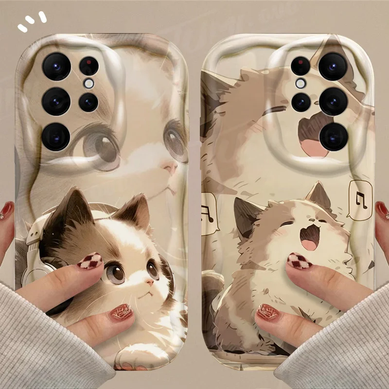 Lovely Music Cat 3D Wave Case For Samsung Galaxy S24 Ultra S23 S22 Plus S21 S20 FE A25 A55 A35 5G Shockproof Silicone Back Cover_voghion.com