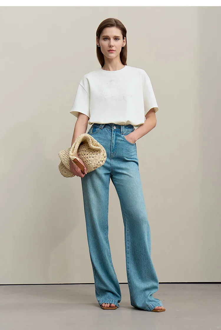 Amii Women's T-Shirt 2026 Summer New Round Neck Drop Shoulder Cotton Tee Lace Embroidered Woman Loose Fit knit Tops 12622048