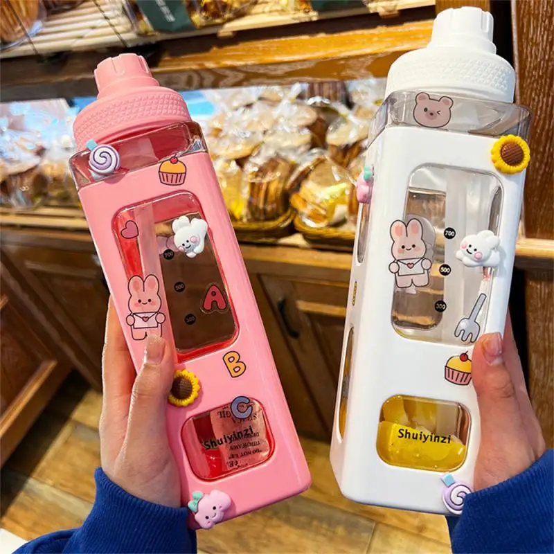 

700Ml Water Bottle Cute Square Flat Water Bottle Bpa Free with Straw and Strap Summer Sippy Plastic Cup Leak Proof Large Capacit