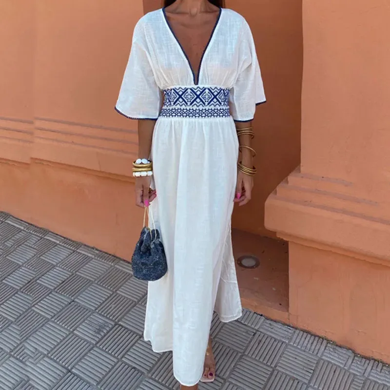 

White Printed Patchwork Women Holiday Dress Elegant V-neck High Waist Commuting Dress Summer Short Sleeve Color Block Long Dress