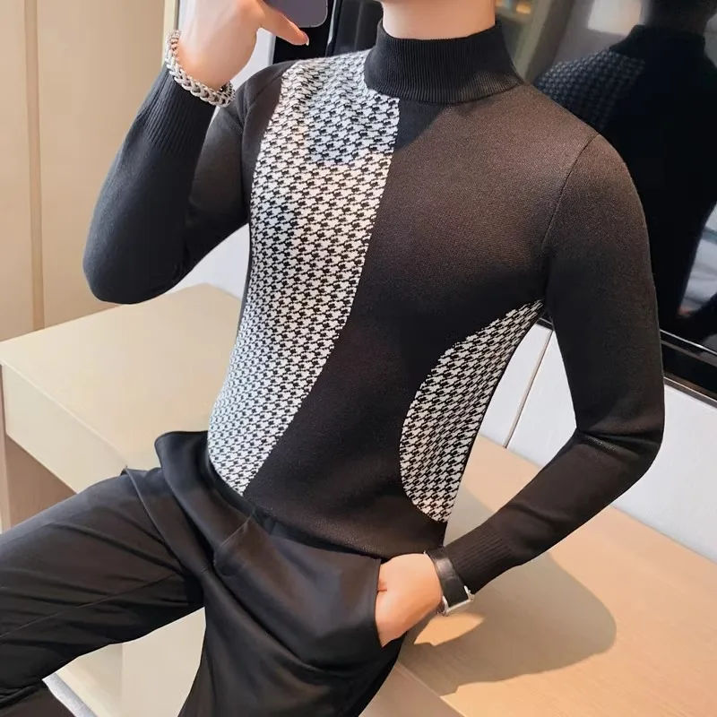 British Style Plaid Knitted Sweater Men's 2024 Spring Autumn Slim Fit Casual Business Pullover Mock Neck Knitwear Men Clothing 2