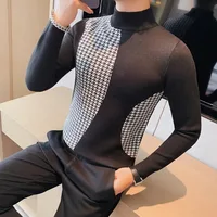 British Style Plaid Knitted Sweater Men's 2024 Spring Autumn Slim Fit Casual Business Pullover Mock Neck Knitwear Men Clothing 2